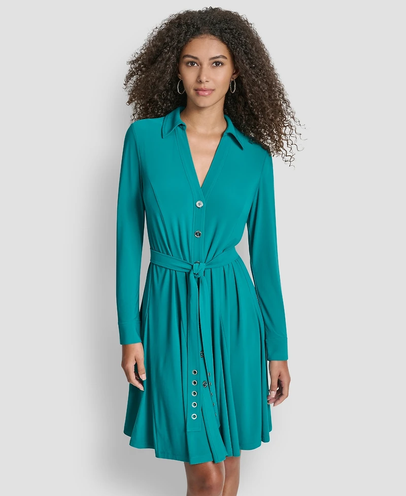 Dkny Women's Long Sleeve Collared Neck Godet Fit and Flare Dress