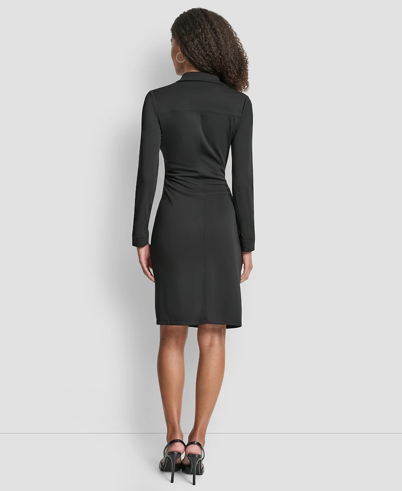 Dkny Women's Long Sleeve Asymmetrical Knot Button Front Sheath Dress