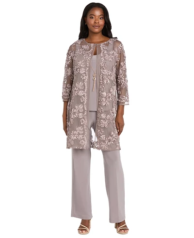 R & M Richards Women's Soutache Long Jacket, Necklace Top Pants Set