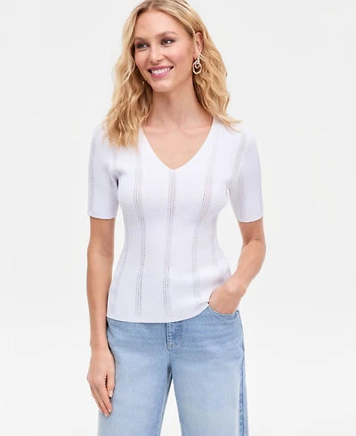 I.n.c. International Concepts Women's Short-Sleeve V-Neck Pointelle Rib Knit Sweater, Macy's Exclusive