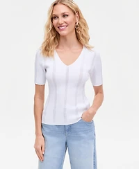 I.n.c. International Concepts Women's Short-Sleeve V-Neck Pointelle Rib Knit Sweater, Macy's Exclusive