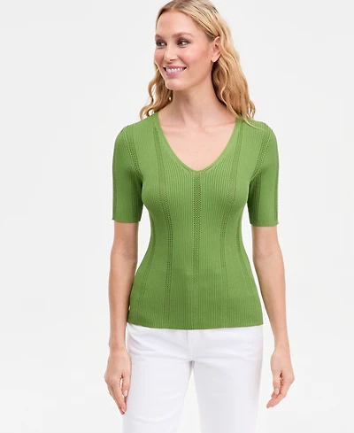 I.n.c. International Concepts Women's Short-Sleeve V-Neck Pointelle Rib Knit Sweater, Macy's Exclusive