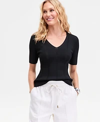 I.n.c. International Concepts Women's Short-Sleeve V-Neck Pointelle Rib Knit Sweater, Macy's Exclusive