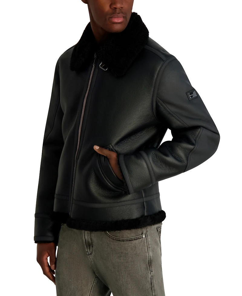 Karl Lagerfeld Paris Men's Sherpa Lined Faux Leather Collared Jacket
