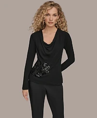 Donna Karan New York Women's Floral Detail Long Sleeves Relaxed Top