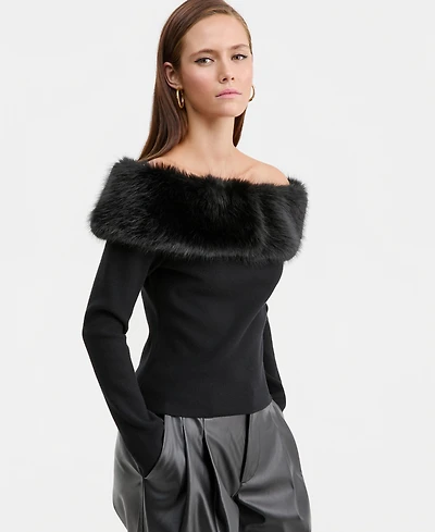 Bar Iii Women's Off-The-Shoulder Faux-Fur-Trim Top, Macy's Exclusive