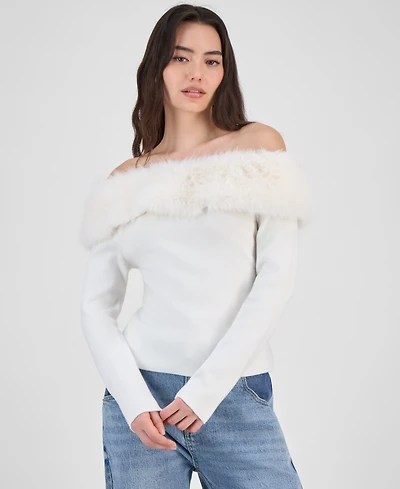 Bar Iii Women's Off-The-Shoulder Faux-Fur-Trim Top, Macy's Exclusive