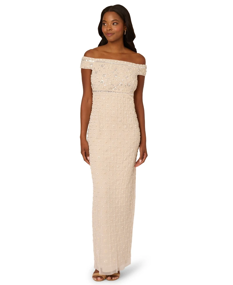 Adrianna Papell Women's Beaded Column Off-The-Shoulder Dress