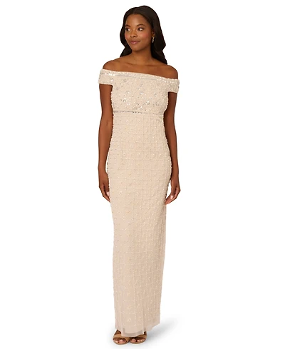 Adrianna Papell Women's Beaded Column Off-The-Shoulder Dress