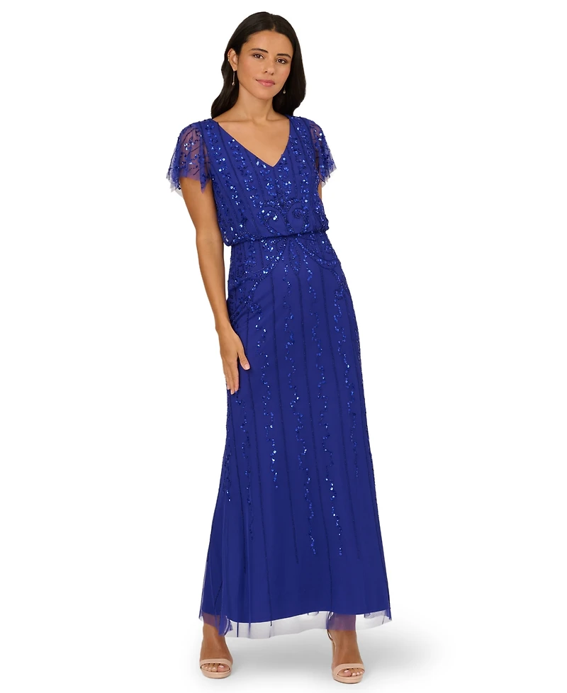 Adrianna Papell Women's Beaded V-Neck Maxi Dress