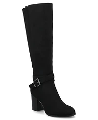 Journee Women's Avalonn Buckle Strap Knee High Stacked Heel Inside Zipper Wide-Calf Comfort Dress Boots