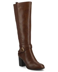 Journee Women's Avalonn Buckle Strap Knee High Stacked Heel Inside Zipper Wide-Calf Comfort Dress Boots