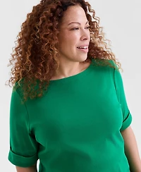 Style & Co Plus Boat-Neck Elbow Sleeve Cotton Top