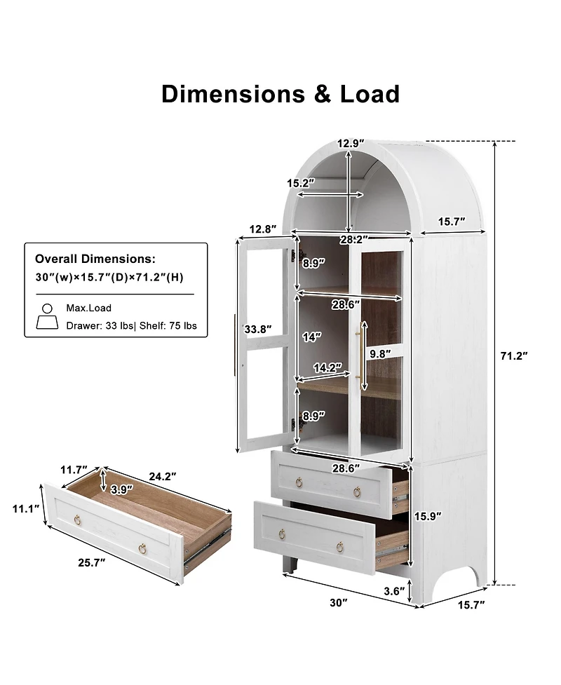 Casainc 71" Tall Arched Kitchen Pantry Cabinet with Glass Doors, Adjustable Shelves & 2 Large Drawers