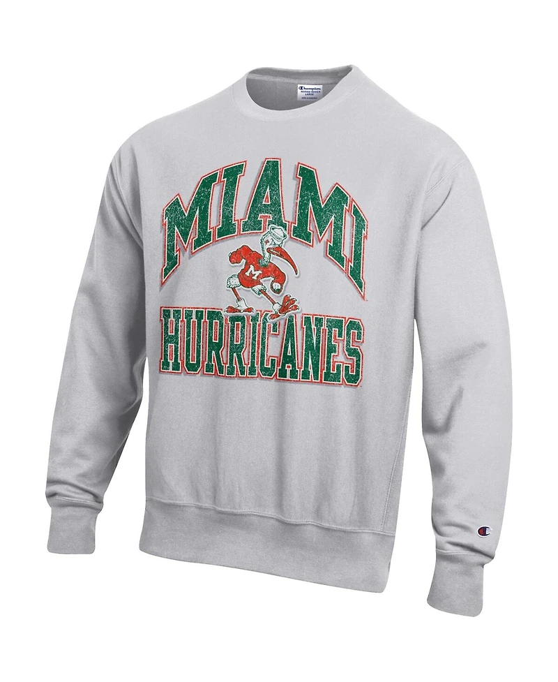 Champion Men's Gray Miami Hurricanes Distressed Arch Over Logo Reverse Weave Crew Neck Sweatshirt
