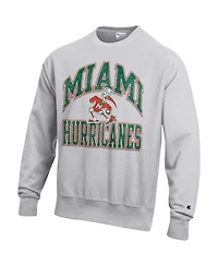 Champion Men's Gray Miami Hurricanes Distressed Arch Over Logo Reverse Weave Crew Neck Sweatshirt