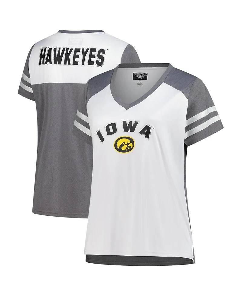 Fanatics Women's White Iowa Hawkeyes Plus Rhinestone Glitter Sleeve Stripe V-Neck T-Shirt