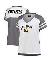 Fanatics Women's White Iowa Hawkeyes Plus Rhinestone Glitter Sleeve Stripe V-Neck T-Shirt