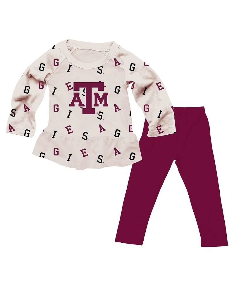 Wes & Willy Baby Girls 2-Piece Oatmeal Texas A&M Aggies Ruffle Raglan Long Sleeve T-Shirt and Leggings Set