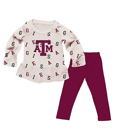 Wes & Willy Baby Girls 2-Piece Oatmeal Texas A&M Aggies Ruffle Raglan Long Sleeve T-Shirt and Leggings Set