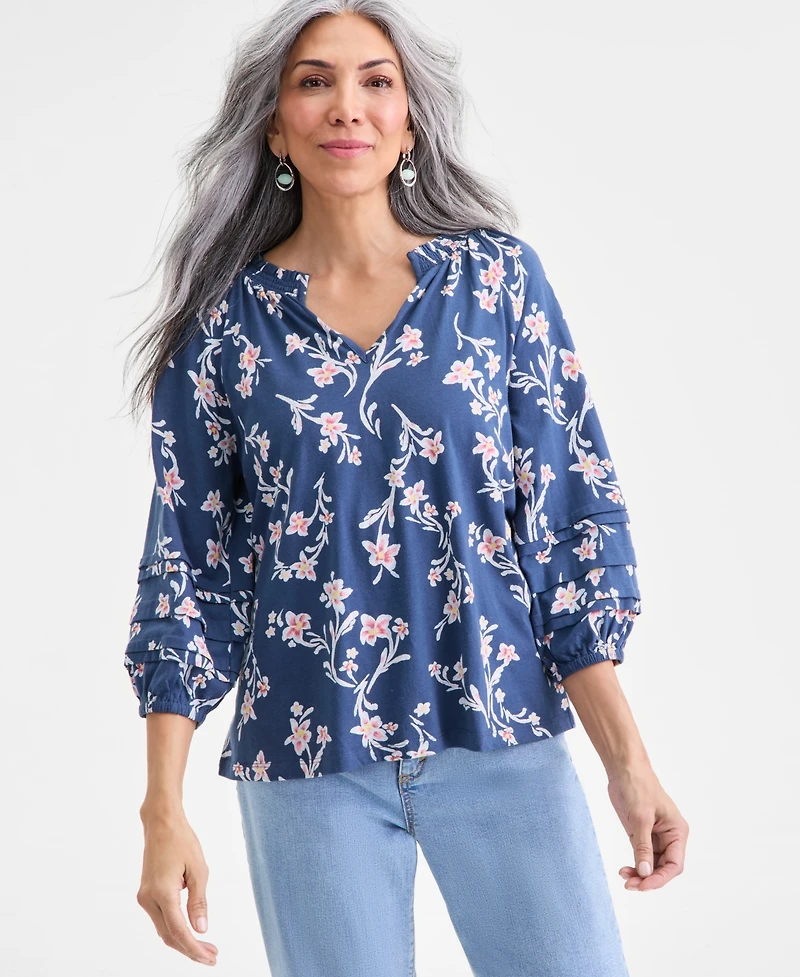 Style & Co Women's Printed Smocked Knit Top, Macy's Exclusive