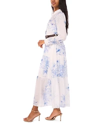 Msk Women's Long-Sleeve Collared Tiered Skirt & Belt Dress