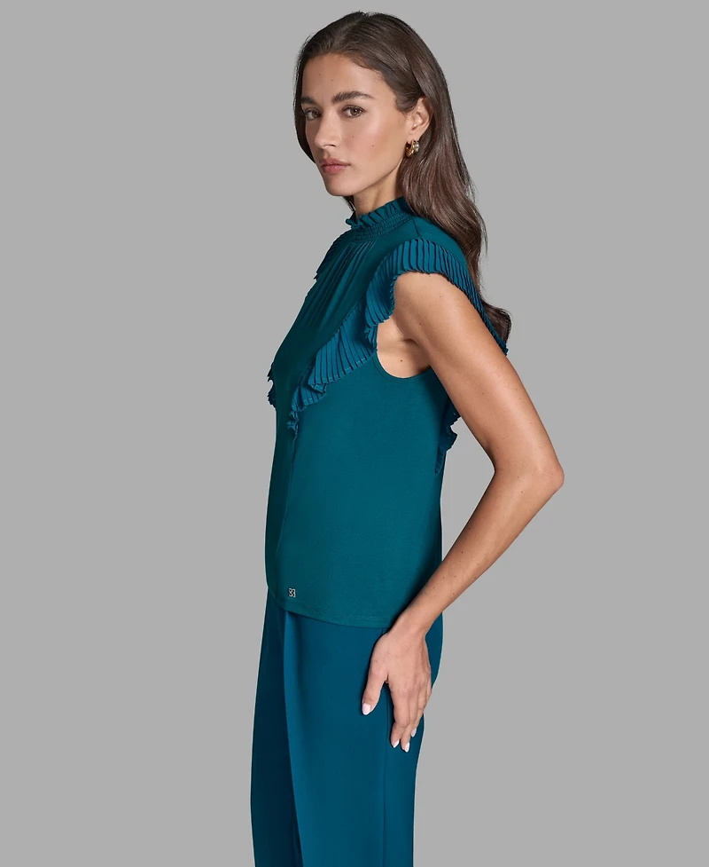 Bcbg Women's Pleated Mock Neck Flutter Sleeve Top