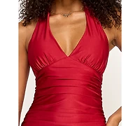 Emerald Sundae Juniors' Ruched Sleeveless Halter Gown