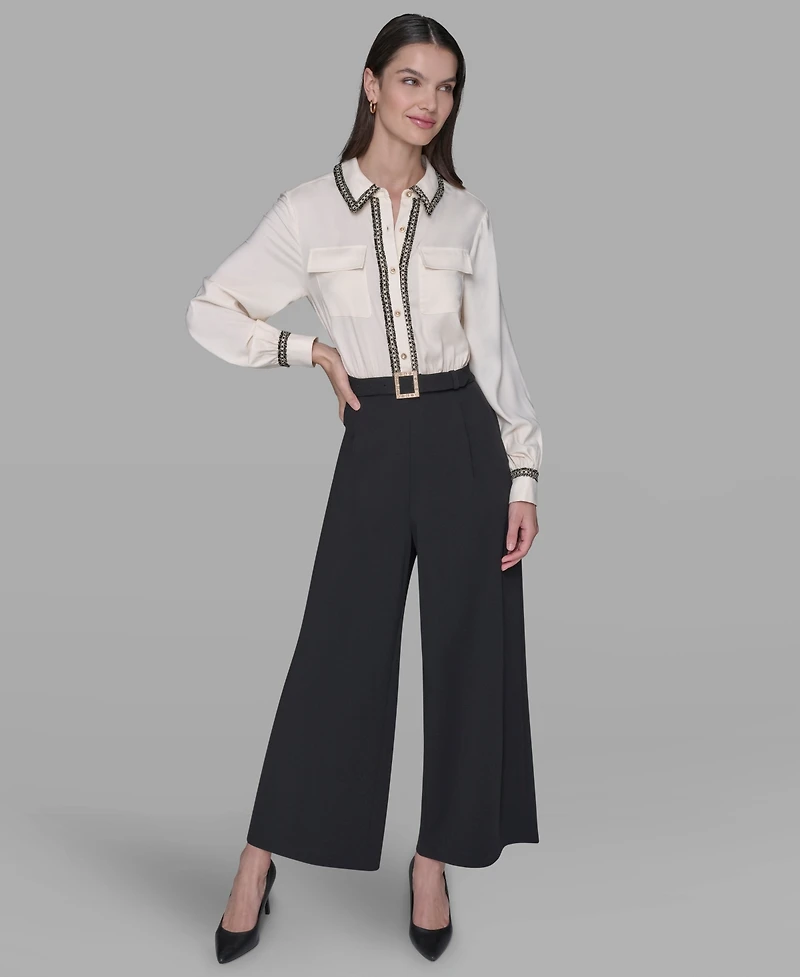 Karl Lagerfeld Paris Women's Collared Long-Sleeve Contrast Jumpsuit