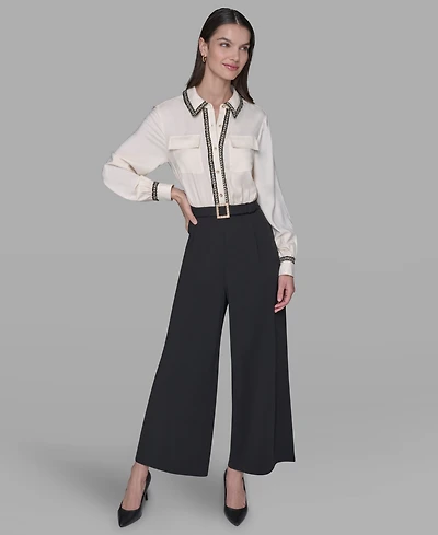 Karl Lagerfeld Paris Women's Collared Long-Sleeve Contrast Jumpsuit