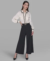 Karl Lagerfeld Paris Women's Collared Long-Sleeve Contrast Jumpsuit
