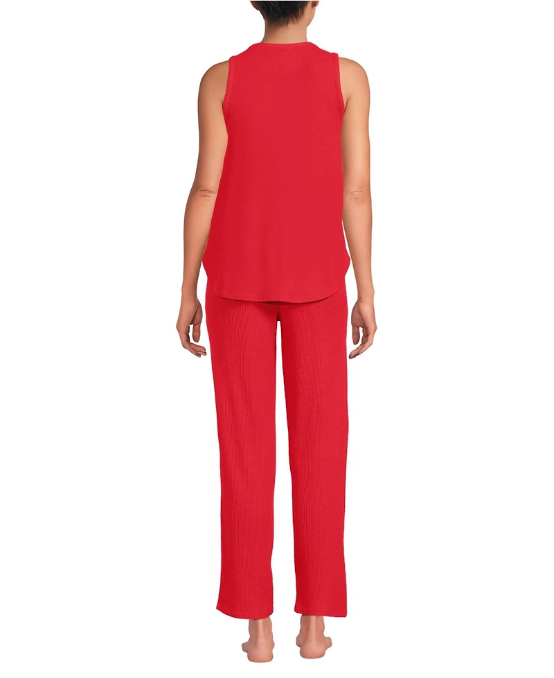 Lands' End Women's Brushed Cozy Waffle Jersey 3 Piece Pajama Set - Tank Top Pant and Robe