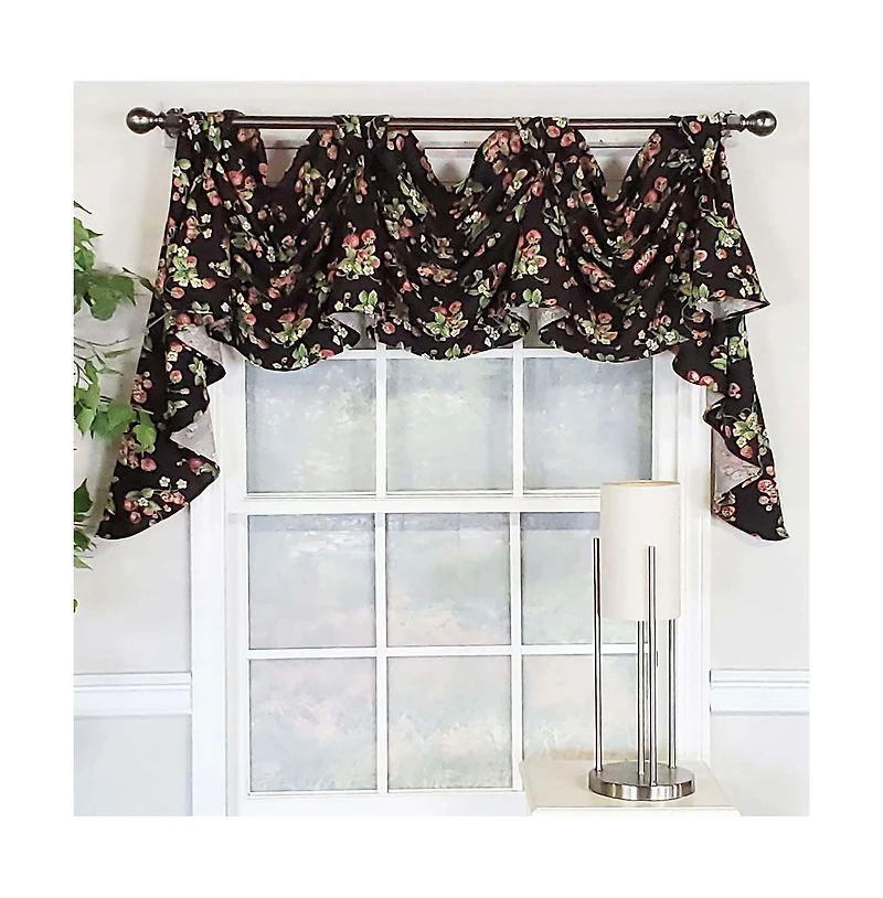 Rlf Home Strawberry Fields 3-Scoop Victory Swag for your Your Home Decor 4" Top Tabs Center 25" Tails 50" x 18" Black