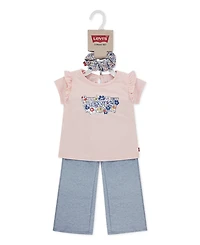 Levi's Girls Toddler 2T-4T Ruffle Shoulder Top, Pants, and Scrunchie, 3-Piece Set