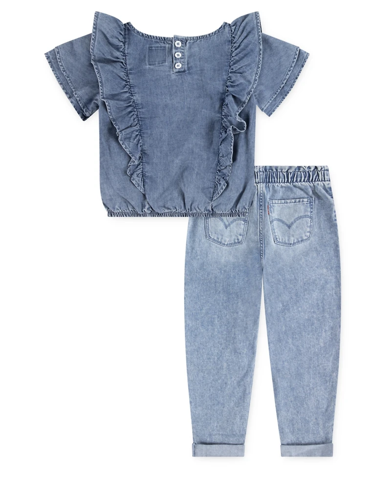 Levi's Girls 4-6X 2-Piece Ruffle Round Neck Top and Heart Pocket Pants Set