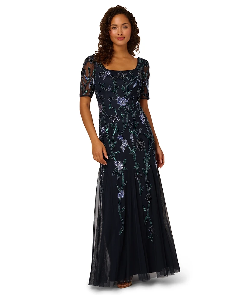 Adrianna Papell Petite Beaded Square Neck Long Dress