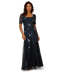 Adrianna Papell Petite Beaded Square Neck Long Dress