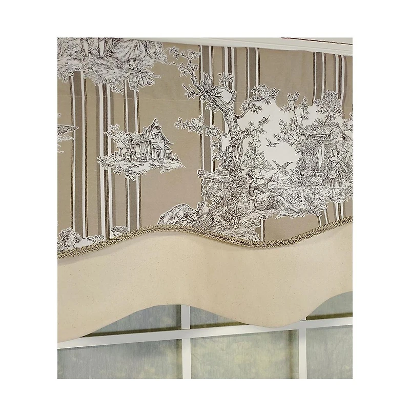 Rlf Home French Tableau Classic Toile Stripe and Solid Fabric Gimp Trim Ivory Lining No Header Glory Valance 50" X 16" Camel
