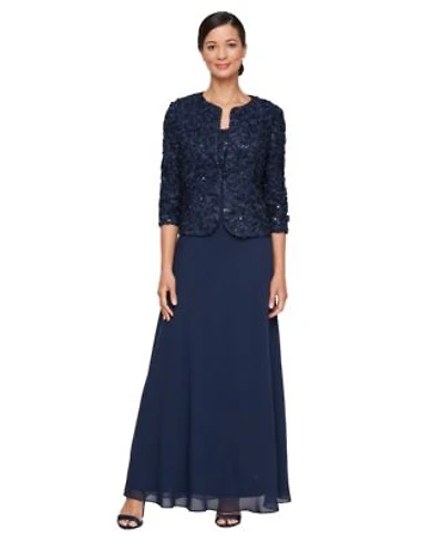 Alex Evenings Womens Empire Waist Long Open Soutache Jacket Dress