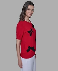 Karl Lagerfeld Paris Women's Short Sleeve Bow Applique Detail Sweater