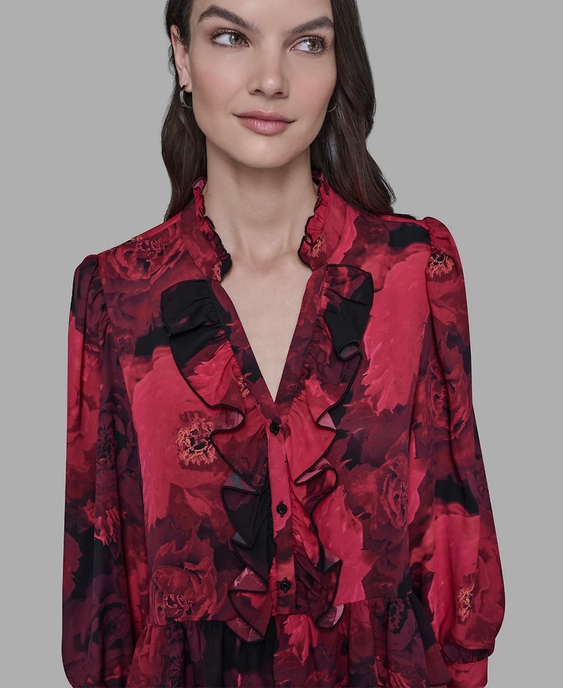 Karl Lagerfeld Paris Women's V-Neck Floral Print Ruffle Detail Top