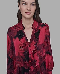 Karl Lagerfeld Paris Women's V-Neck Floral Print Ruffle Detail Top