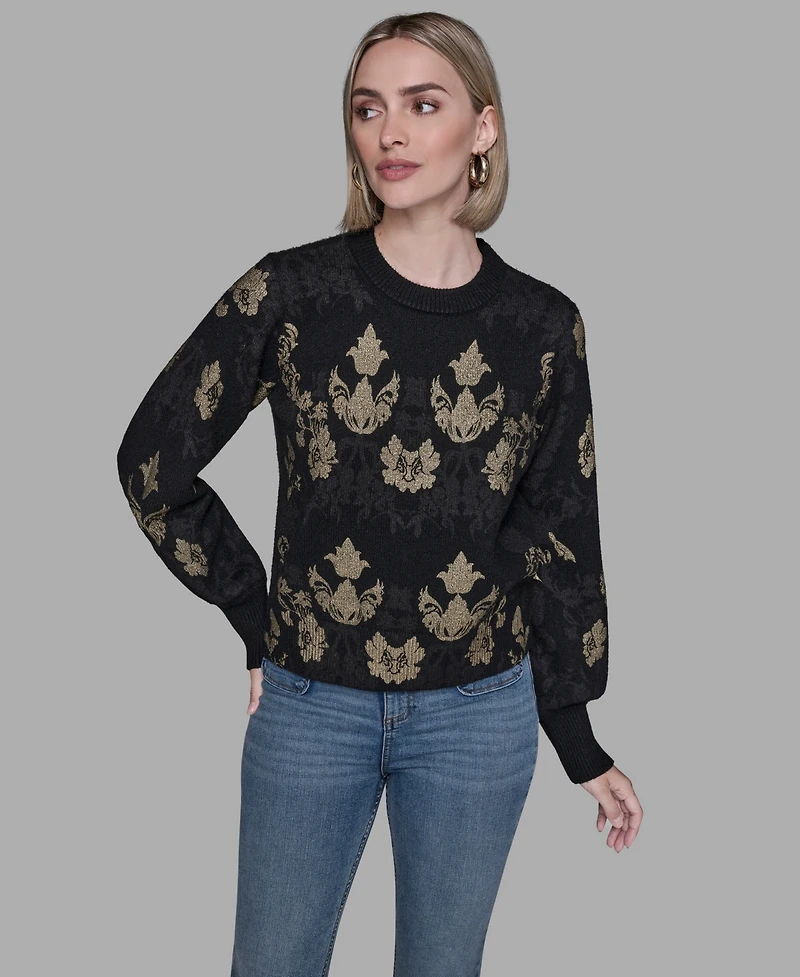 Karl Lagerfeld Paris Women's Baroque Floral Crewneck Sweater