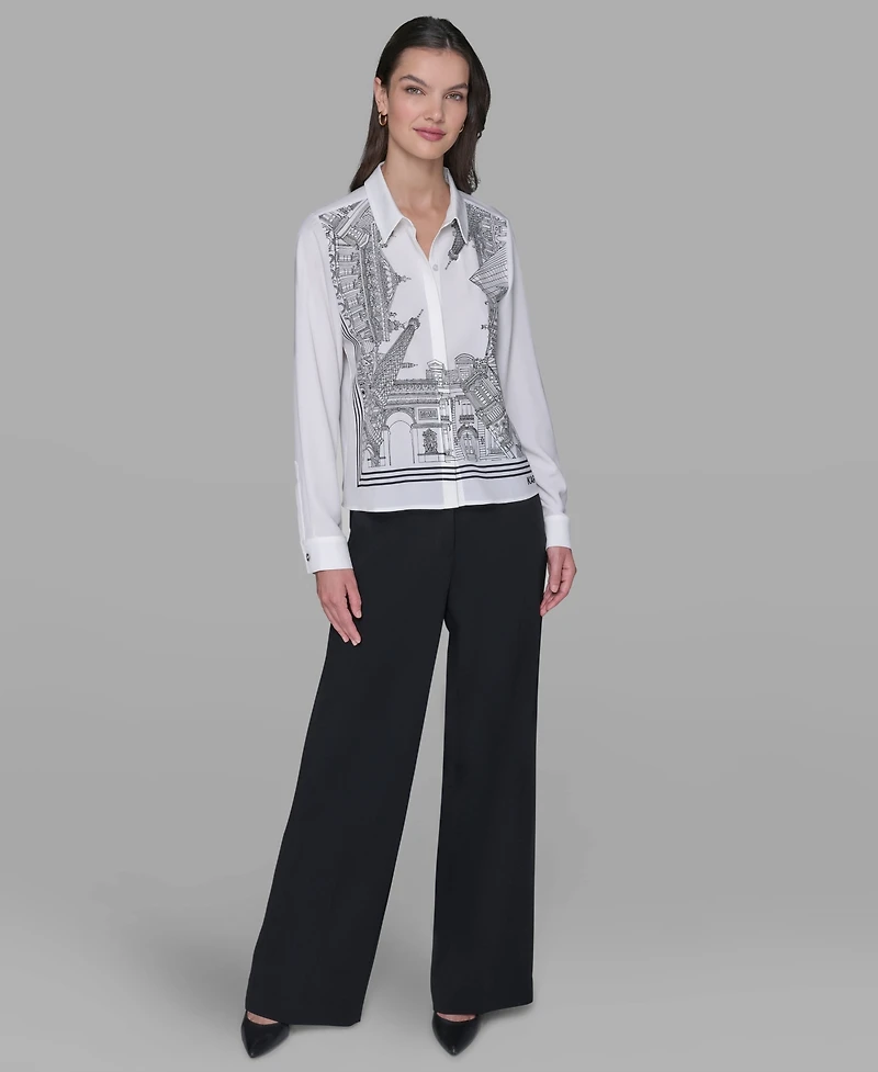 Karl Lagerfeld Paris Women's Placed Print Button Down Top