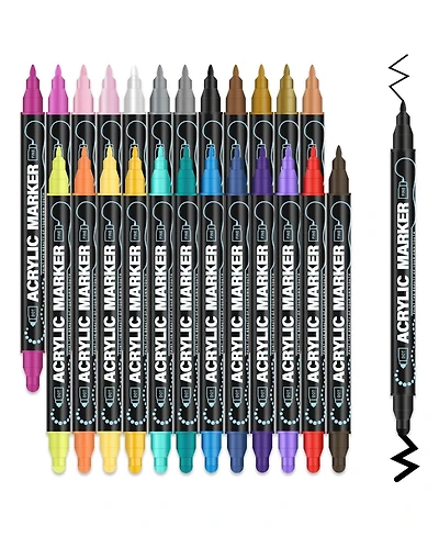 Htutwoo 24 Colors Acrylic Markers Set, Dual Tip Fine & Dot Point Acrylic Paint Pens for Rocks, Wood, Canvas, Stone and Drawing & Art Supplies