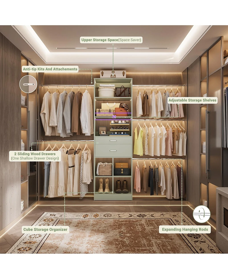 Aheaplus 4-8 Ft Walk-in Adjustable Closet Organizer System with 2 Drawers and 5 Rods