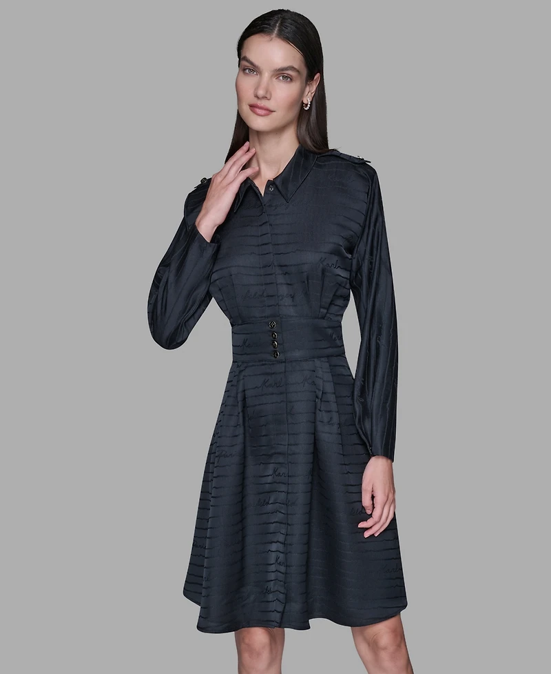 Karl Lagerfeld Paris Women's Tonal Long Sleeve Collared Jacquard Dress