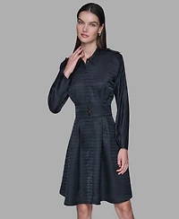 Karl Lagerfeld Paris Women's Tonal Long Sleeve Collared Jacquard Dress