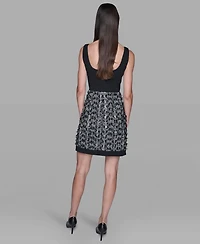 Karl Lagerfeld Paris Women's Contrast Tweed and Knit Button Front A Line Dress