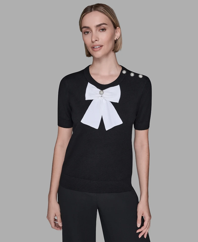 Karl Lagerfeld Paris Women's Crewneck Big Bow Applique Detail Sweater